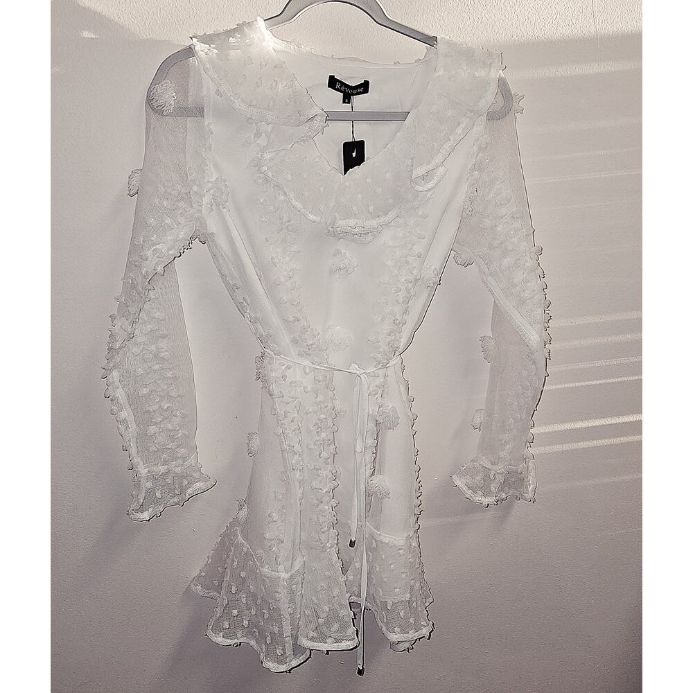 Reveuse White Swiss Dot Dress With Sheer Overlay NWT MSRP $55 Size S
